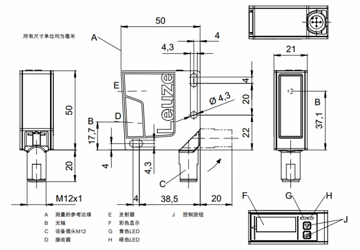 ODS9L2.8/LA6-200-M12 傳感器的尺寸圖